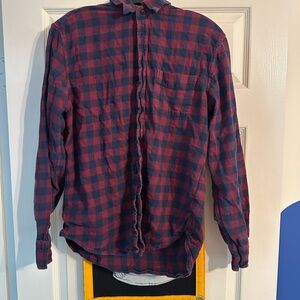 J. Crew Men's Casual Plaid Shirt - Navy and Burgundy